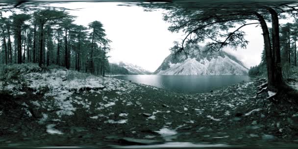 Mountain sjö 360 vr på vintern. Vild natur och bergsdal. Grön skog av tallar och snabba moln på himlen. — Stockvideo