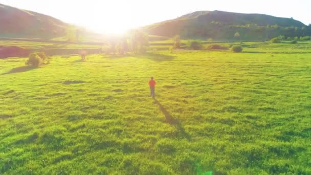 Vlucht over sport man op perfect groen gras weide. Zonsondergang in de bergen — Stockvideo