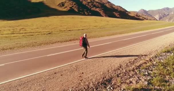 Vuelo sobre autoestopista turista caminando por carretera asfaltada. Gran valle rural en el día de verano. Mochila senderismo chico. — Vídeo de stock