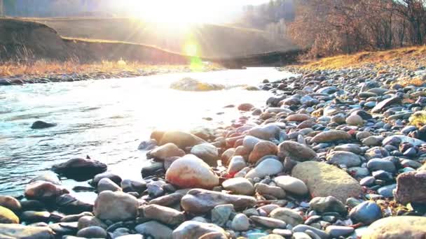 Ползунок Долли с брызгами воды в горной реке возле леса. Влажные камни и солнечные лучи. Горизонтальное устойчивое движение. — стоковое видео