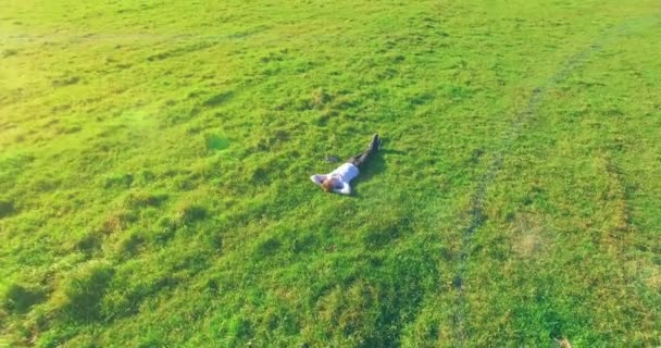 Yeşil çimlerin üzerinde sarı kırsal alanda not defteri olan bir adamın etrafında alçak yörünge uçuşları.. — Stok video