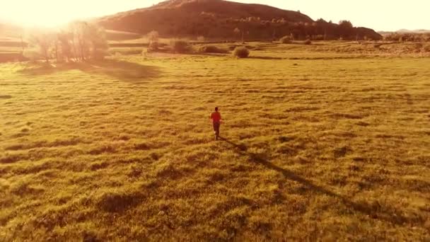 Vol au-dessus de l'homme de sport à la prairie d'herbe verte parfaite. Coucher de soleil en montagne — Video