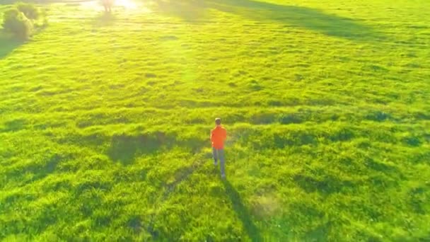 Vlucht over de sportieve man loopt op perfecte groene gras landelijke weide offroad. Zonsondergang in Bergen — Stockvideo