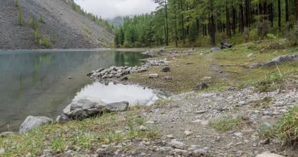 Hegyi tó időeltolódása nyáron vagy ősszel. Vad természet és a vidéki hegyi völgy. Zöld erdő fenyőfákkal és gyors felhőkkel az égen. Motoros babacipő mozgása — Stock videók