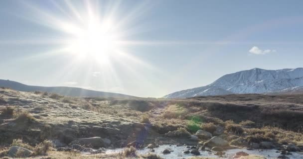 Tempo sul prato di montagna durante l'estate o l'autunno. Natura selvaggia e valle rurale. Raggi del sole, piccolo torrente ed erba gialla. Dolly movimento cursore — Video Stock