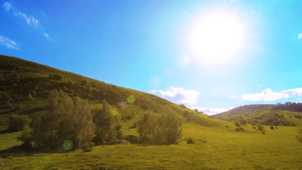 4K UHD montaña prado timelapse en el verano. Nubes, árboles, hierba verde y rayos de sol movimiento. — Vídeos de Stock