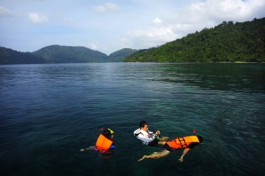 Turist bir grup şnorkel.