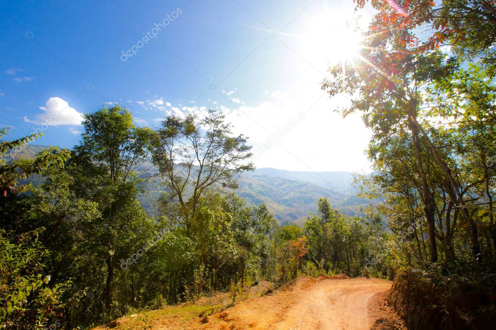 mountains under mist in the morning Doi Phu Kha National Park in Nan ,Thailandview on top mountain in Doi Phu Kha National Park, Phu Wae, Nan Province,Thailand, low key with soft focus