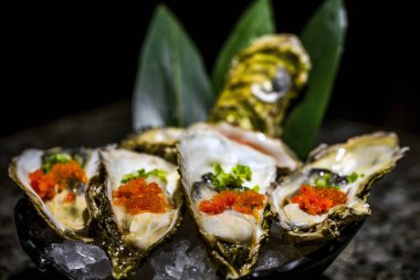 Geleneksel balık pazarı taze istiridye dolu.