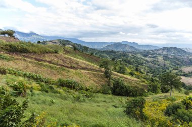 Yaz dağları yeşil çimenler ve mavi gökyüzü manzarası