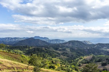 Yaz dağları yeşil çimenler ve mavi gökyüzü manzarası