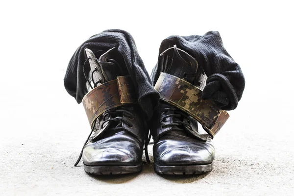 Black Leather Army Boots Cinders — Stock Photo, Image