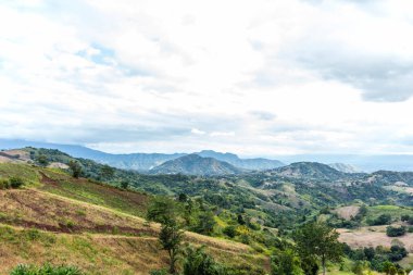 Yaz dağları yeşil çimenler ve mavi gökyüzü manzarası