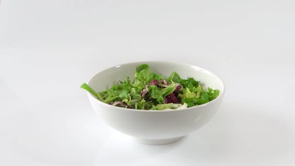 Frisse groene salade vallen in een kom. Slow-motion geïsoleerd op wit — Stockvideo