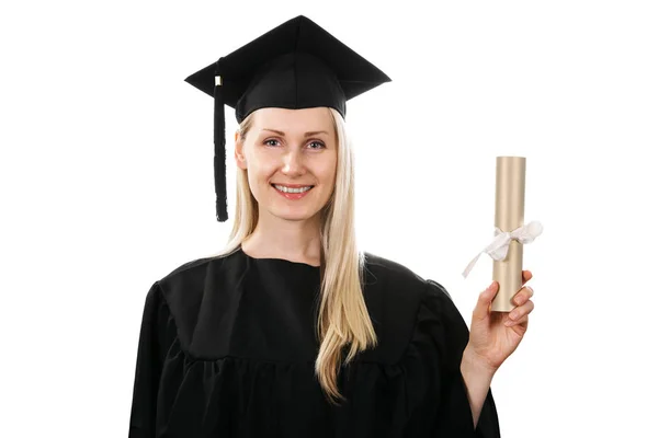 Smiling graduate showing diploma isolated on white — Stock Photo, Image