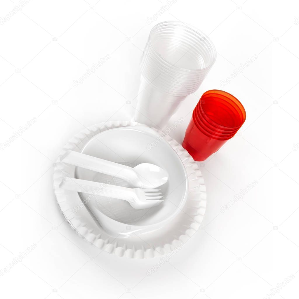 disposable plastic tableware isolated on white background