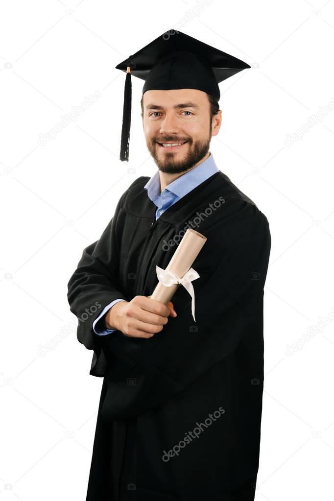 happy smiling male graduate with diploma isolated on white