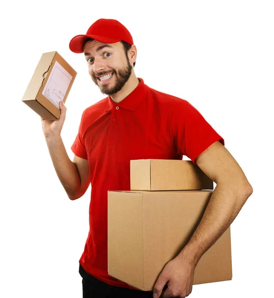 Divertente servizio di consegna uomo con scatole isolate su sfondo bianco — Foto Stock