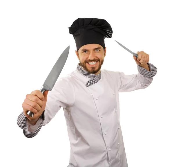 Cozinheiro chef com facas em mãos isoladas no fundo branco — Fotografia de Stock