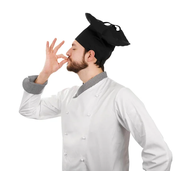 Jovem chef masculino mostrando sinal sabor perfeito — Fotografia de Stock