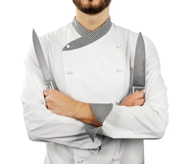Chef com facas isoladas em fundo branco — Fotografia de Stock