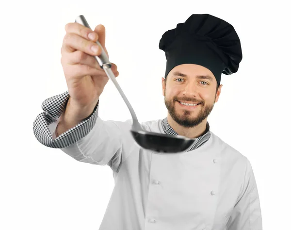 Cozinheiro com concha na mão isolado no fundo branco — Fotografia de Stock