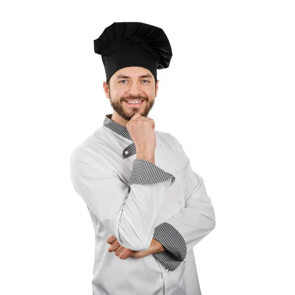 Chef sorridente feliz com a mão no queixo isolado no branco — Fotografia de Stock