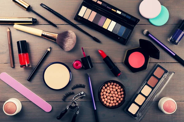 Widok z góry zestaw kosmetyków do makijażu — Zdjęcie stockowe