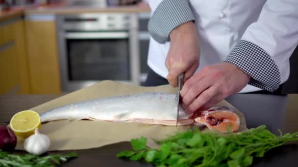 Chef de corte de salmón para cocinar en la cocina — Vídeos de Stock