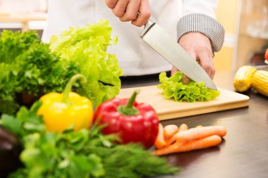 aşçı kesme marul, mutfakta sebze salatası hazırlama