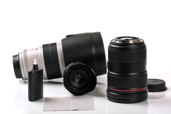 Camera lenses and cleaning equipment — Stock Photo, Image