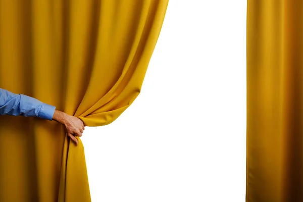 Hand open yellow curtain — Stock Photo, Image