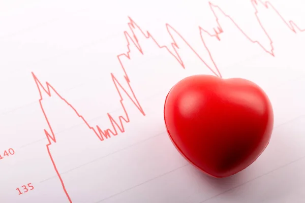 Saúde cardíaca - coração de borracha vermelha e cardiograma — Fotografia de Stock