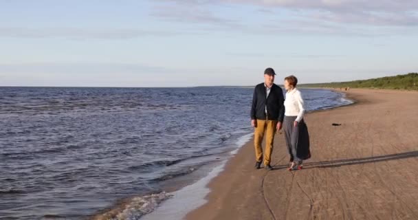 Pareja de ancianos teniendo romántico caminar en la playa al atardecer — Vídeo de stock