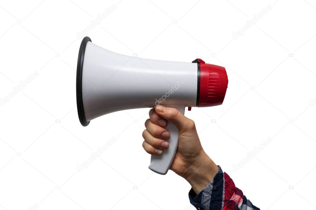 announcement - hand with megaphone isolated on white background
