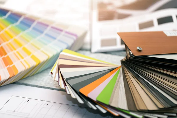 Design interiéru - malovat vzorky materiálu barvy a nábytek — Stock fotografie