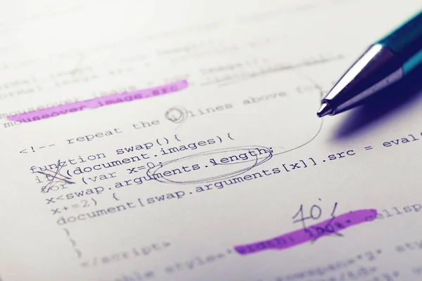 Paper with programming code and programmer notes — Stock Photo, Image