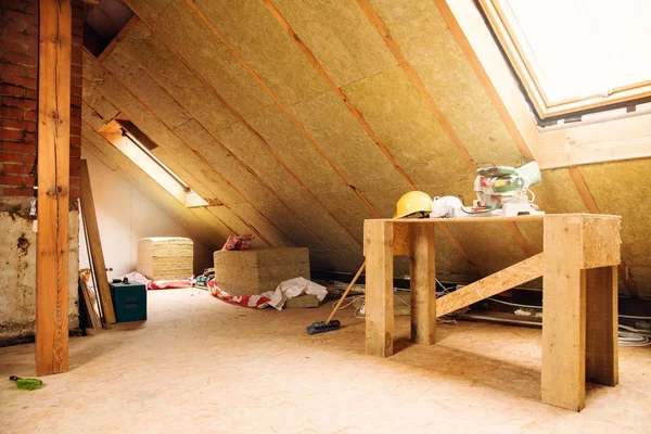 House attic under construction mansard wall insulation — Stock Photo, Image