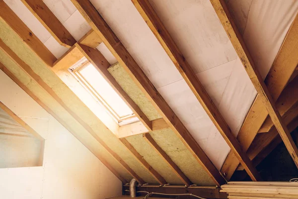 House attic under construction mansard wall insulation with rock wool — Stock Photo, Image