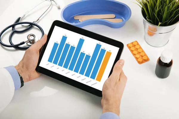 Analizując statystyki opieki zdrowotnej lekarz sprawozdanie cyfrowego tabletu — Zdjęcie stockowe