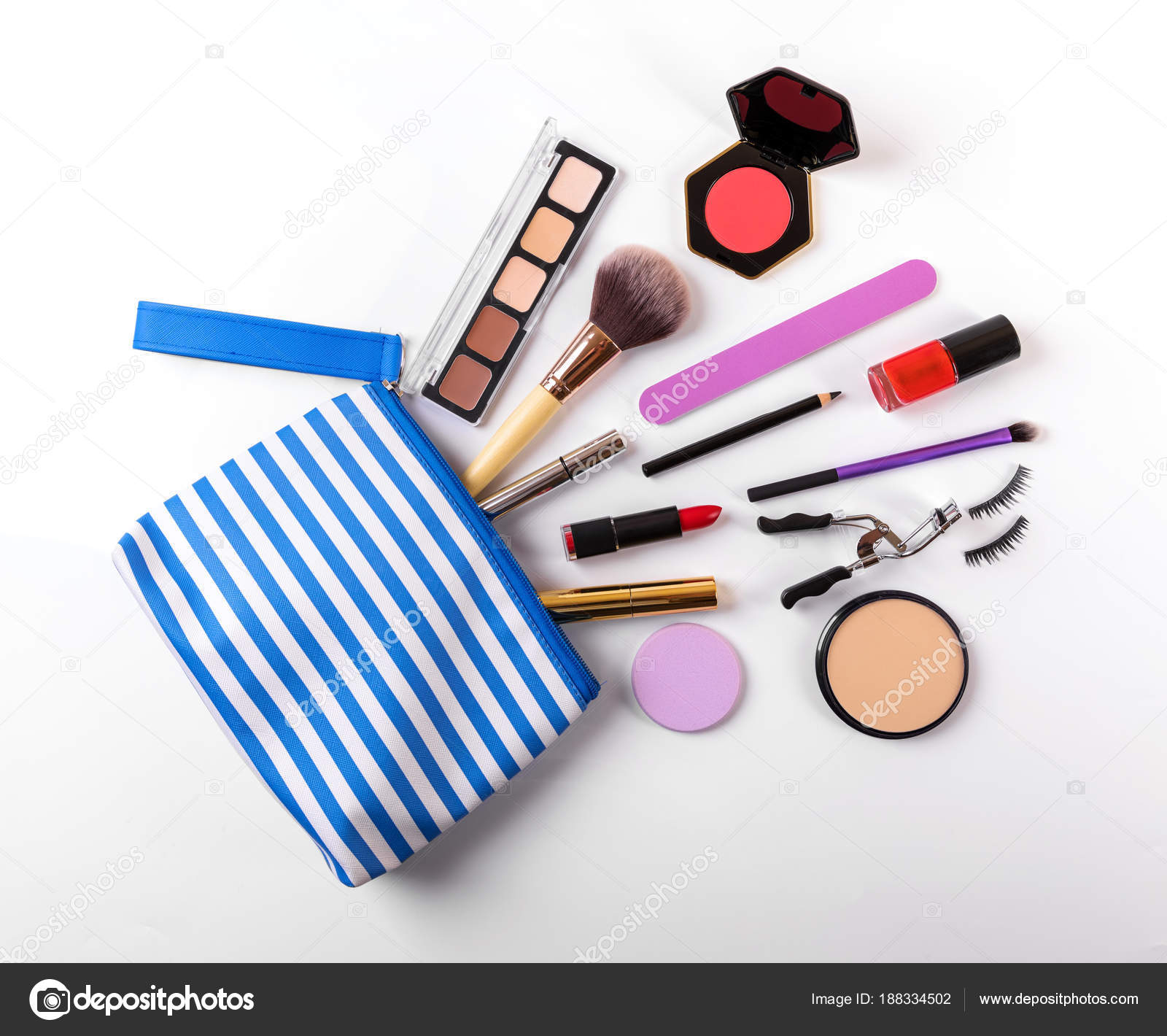 Makeup Bag With Cosmetics On White Background Top View Stock
