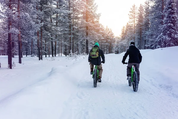 two people with fat bikes riding snowy winter forest trail in fi