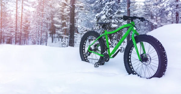 Vinteräventyr - fet cykel stående i snön på snöig finla — Stockfoto