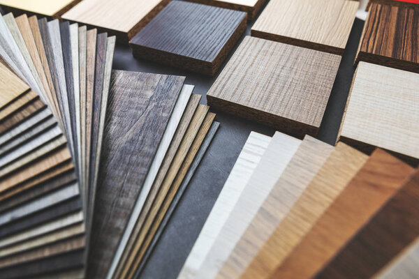 variety of furniture and flooring material samples for interior 