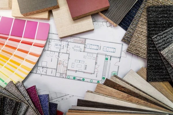 Interior design materials and color samples with floor plan blue — Stock Photo, Image