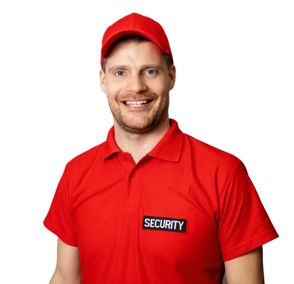 Sonriente trabajador del servicio de seguridad en uniforme rojo aislado en blanco — Foto de Stock