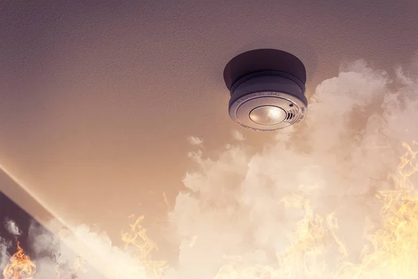 Home safety - smoke detector on ceiling detecting house fire — 스톡 사진