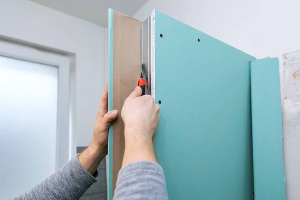 Drywall Skott Konstruktion Badrum Skärande Gipsskivor — Stockfoto