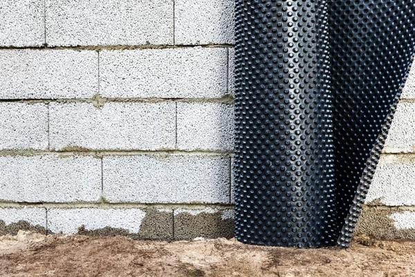 Basement Wall Waterproofing Installing Dimple Geomembrane — Stock Photo, Image