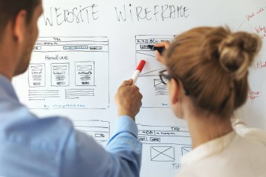 UI UX tasarımcı ekibi ofiste yeni bir web sitesi üzerinde çalışıyor